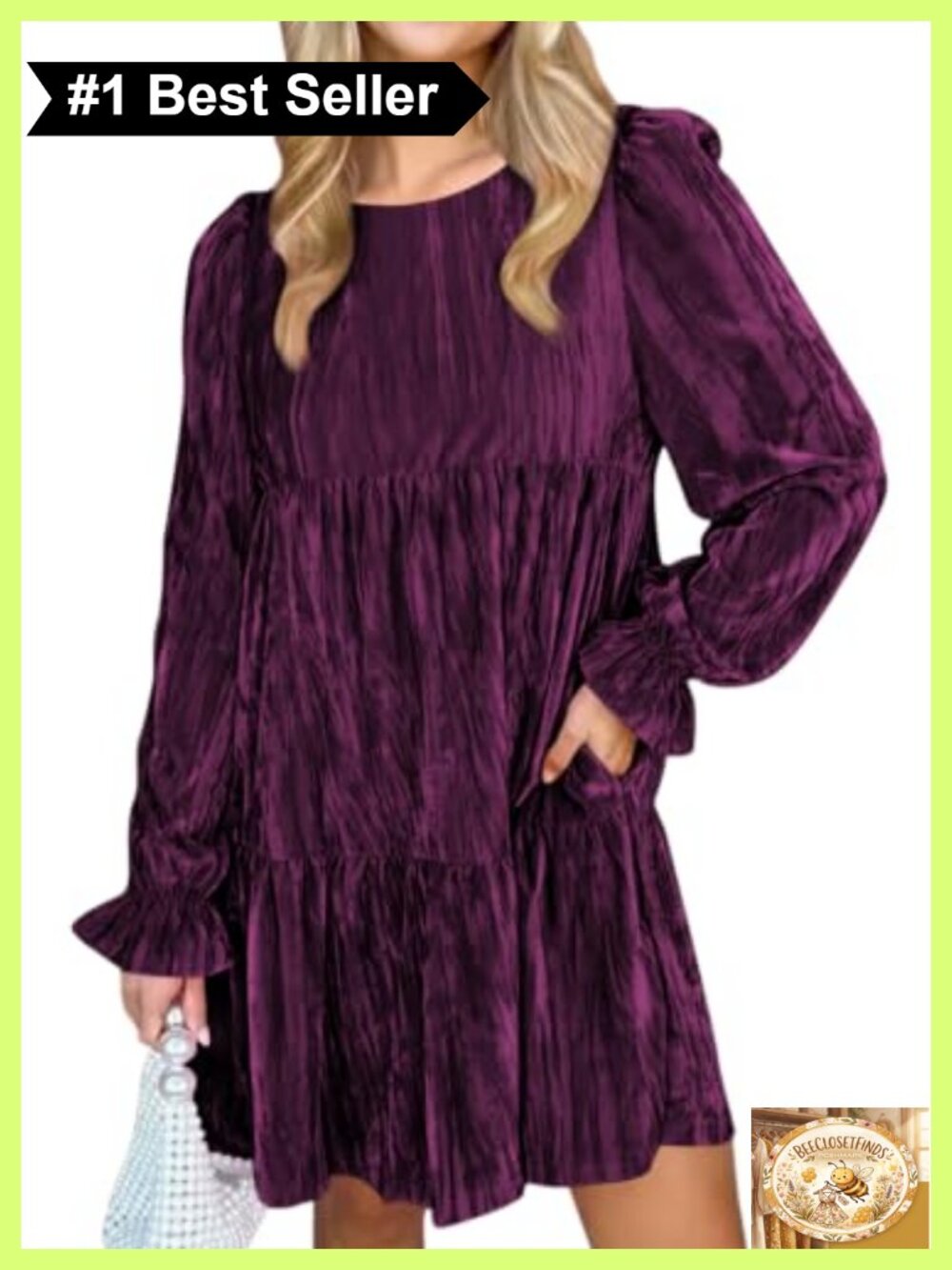 Womens Puff Long Sleeve Babydoll Textured Velvet Dress with Pockets
